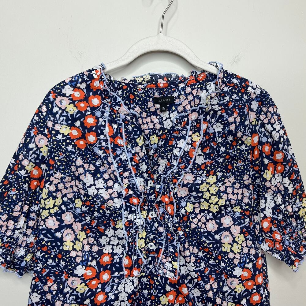 Talbots Floral Print Short Sleeve Blouse Size M Ruffle Trim Smocking - Picture 2 of 9